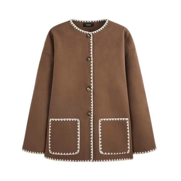 Cider Jackets & Blazers - Cider Women's XXS Tan White Contrasting Stitching Long Sleeve Round Neck Jacket